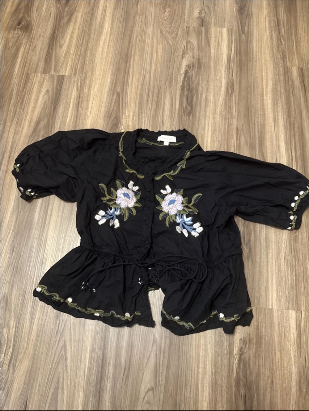 Jennifer and Grace Floral Embroidered Black Puff-Sleeve Peplum Top